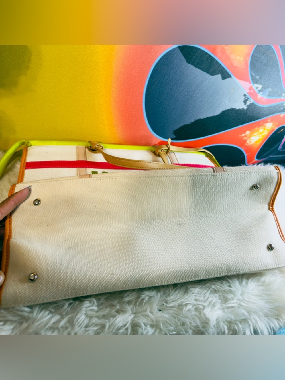 Steve Madden Cream Tote with Pink, Orange, and Purple Accents. (TXABIN) - Picture 6 of 6